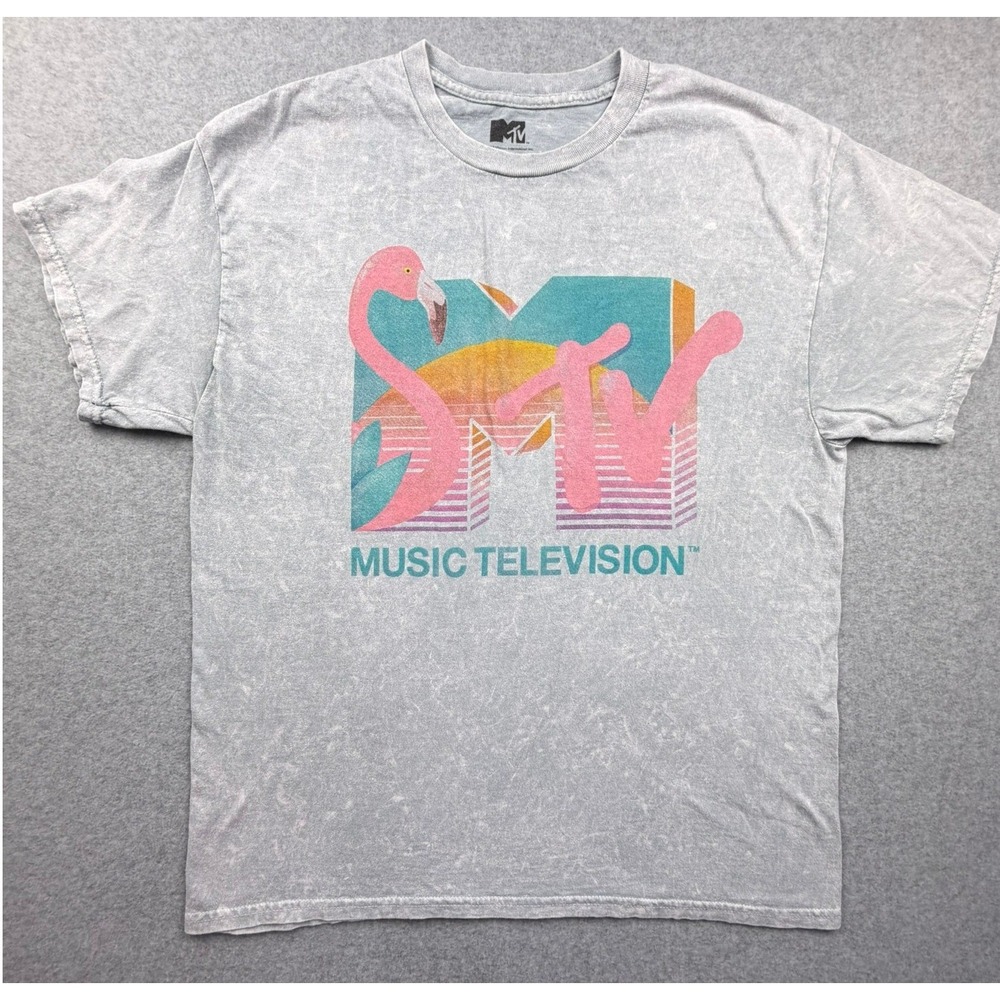 MTV Music Television Flamingo Graphic Tee Grey Acid Wash Cotton T-Shirt Medium